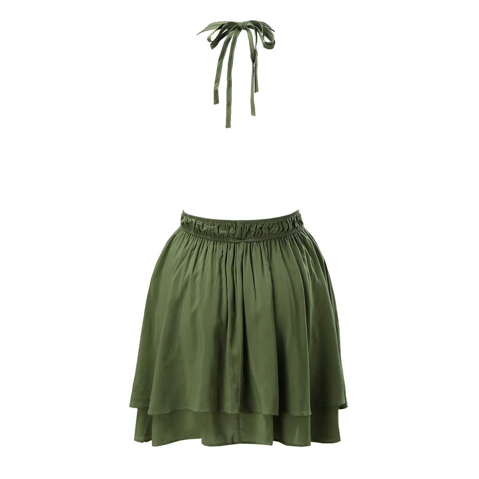 Halter Open Back Solid Color Dress Summer Deep V Neck Swing Dresses Women 2023 Elastic Waist Sveless Slim Sling DressXJ250224