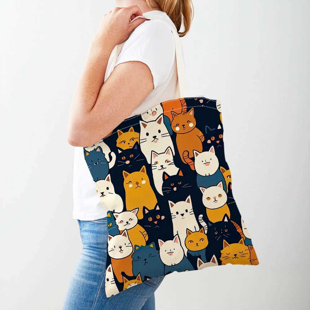 Fashion Cartoon Coffee Cat Womens Handbag Pet Animal Double Print Canvas Womens Shopping Bag Childrens Shoulder Handbag Z250224