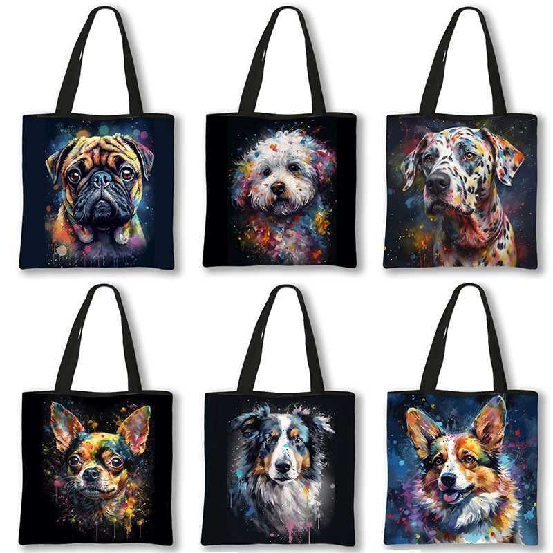Watercolor graffiti dog print shoulder bag womens corgi Dalmatian handbag large capacity handbag reusable shopping bag gift Z250224