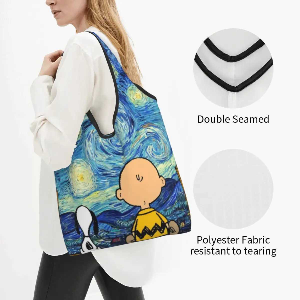 Custom Van Gogh Landscape And Charlie Brown Shopping Bag Women Portable Big Capacity Grocery Shopper Tote Bags Z250224