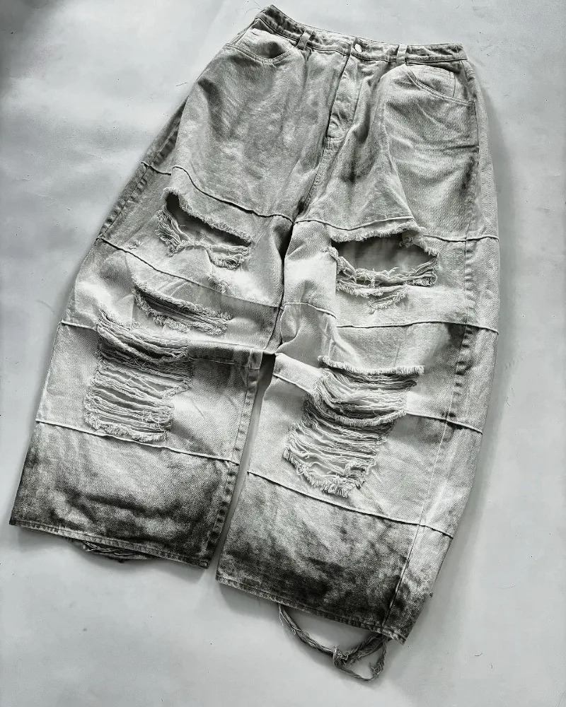 European and American vintage washed ripped jeans Men Y2k pants Street punk Harajuku couple casual oversized wide-leg pants 250225