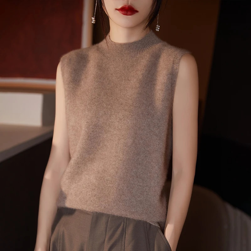 Women Sleeveless Tank High Quality Wool Knit Vest Tops All Seasons Half High Collar First-Line Ready-To-Wear Soft Solid Camisole 250224