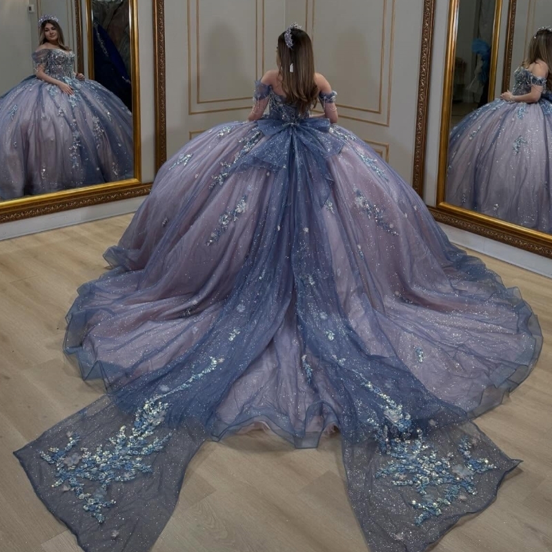 Navy Blue Shiny Quinceanera Dresses Ball Gown Off The Shoulder Applique Lace Bow Beading Tull Party Birthday Sweet 16 Dress Vestidos 15 De Anos