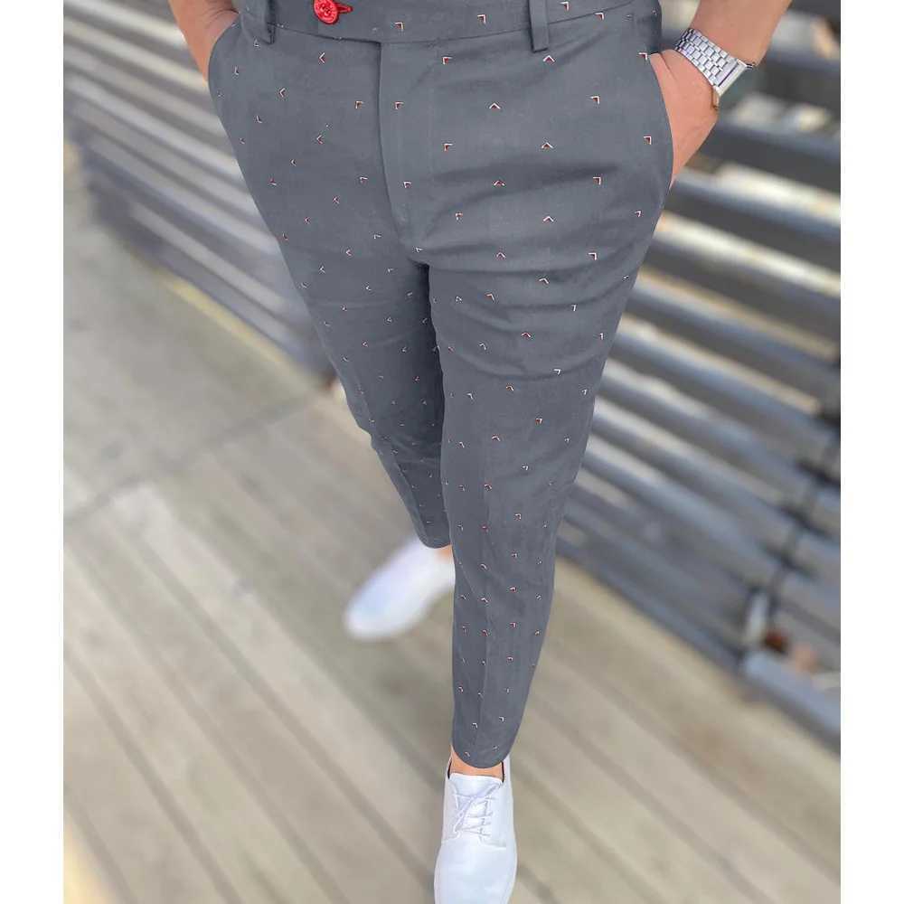 Khaki mens casual geometric printed pants tight pencil pants zipper elastic waist pants oversized mens clothing W250225