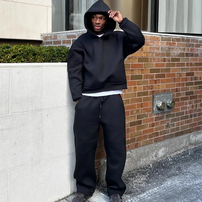 Mens Hoodie Set Solid Color Simple Sports Style Pullover Casual Loose Chic High Quality Two-piece Comfortable Warm Top 250225