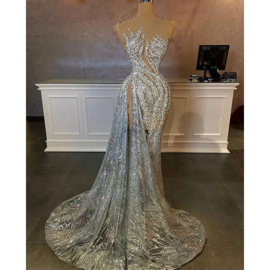 Sexy Women Prom Dresses Sheer Neck Sleeveless Gown Sequins Crystal Ruffles Split Side Dress For Party Custom Made