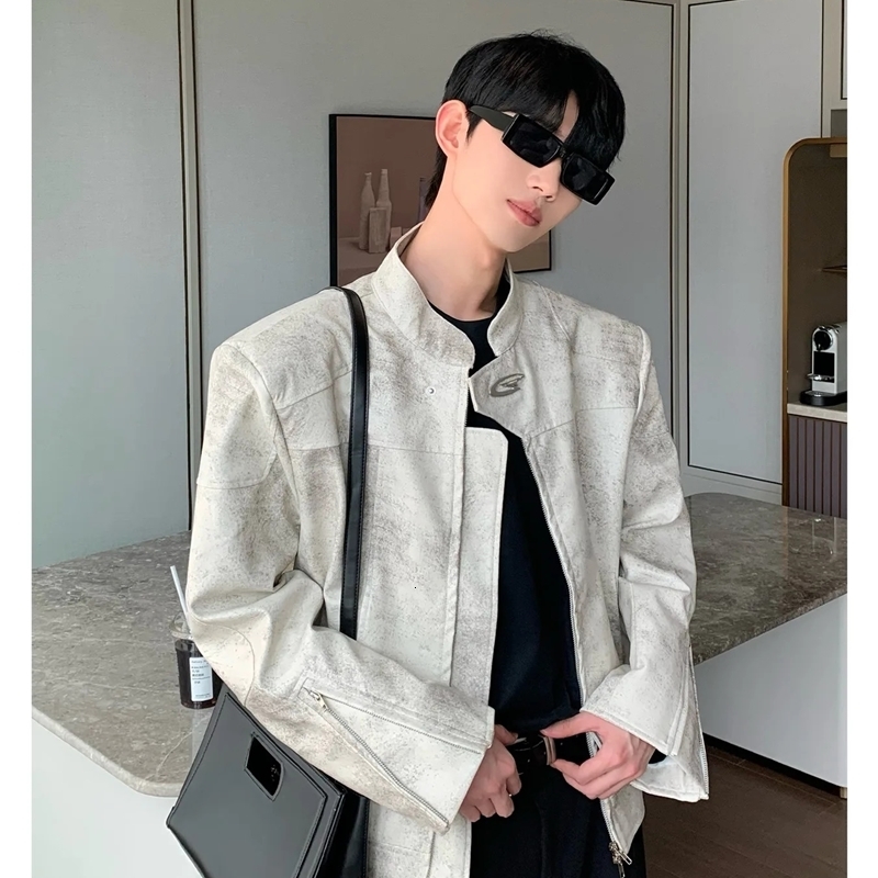 NicheHigh-End FeelStand Collar Motorcycle Leather Jacket 2024 Loose-Fit Cropped Shoulder Clip Jacket For Men 250122