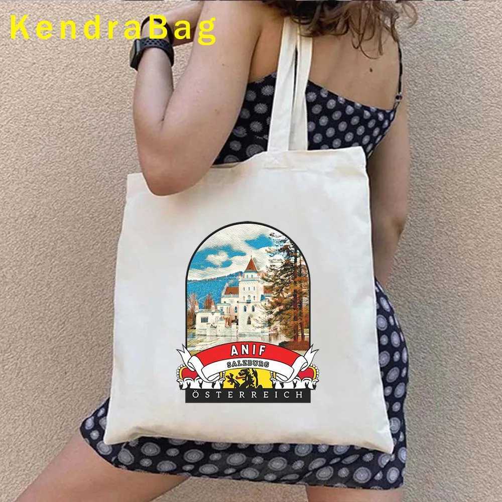 Vintage Austria Map Flag Emblem Austrian Coat of Arms Vienna Skyline Shoulder Canvas Totes Bag Harajuku Shopping Cotton Handbags Z250224