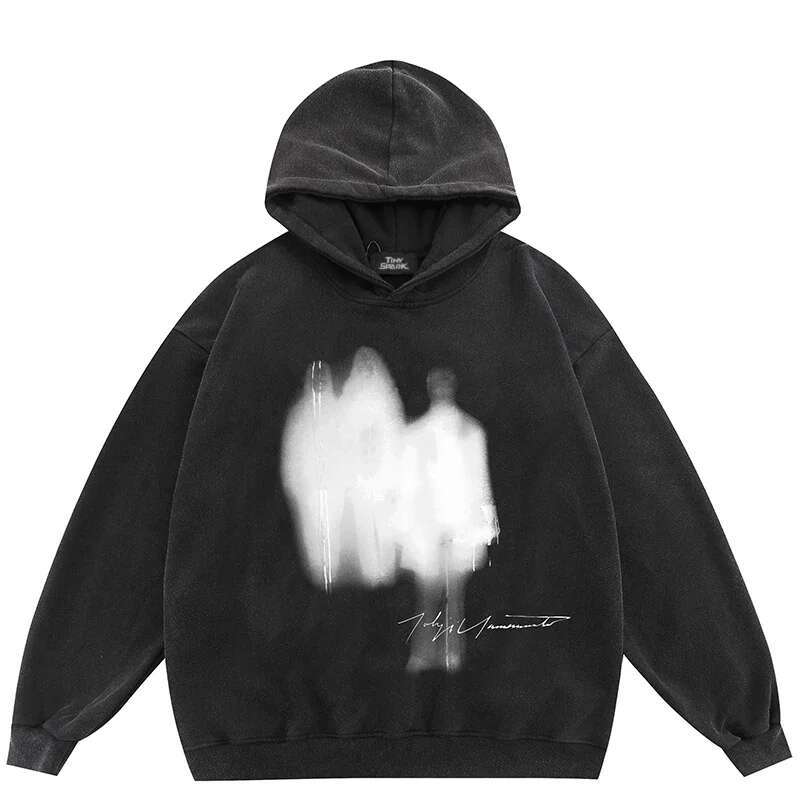 2024 Oversize Hoodie Sweatshirt Women Men Streetwear Face Ghost Shadow Graphic Haruku Retro Washed Black Hooded Pullover Y2K
