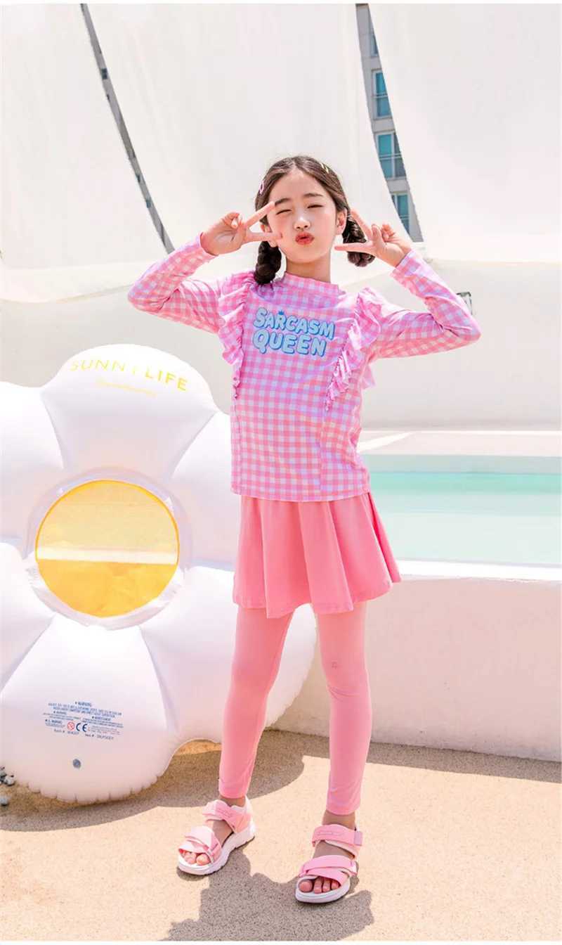Girl Two Pieces Suit 2-11 Year Children Long Sleeve Long Pants Swimsuit 2023 Kid Cute Letter Print Swimwear Baby Bathing Suit X250224