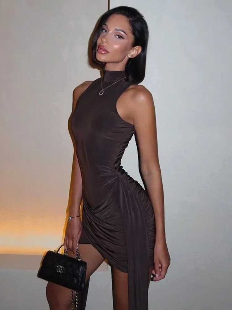 Turtleneck Sveless Sexy Mini Dress For Women Fashion Irregular Ruched Tank Dress Femme Ele Club Party DressXJ250224