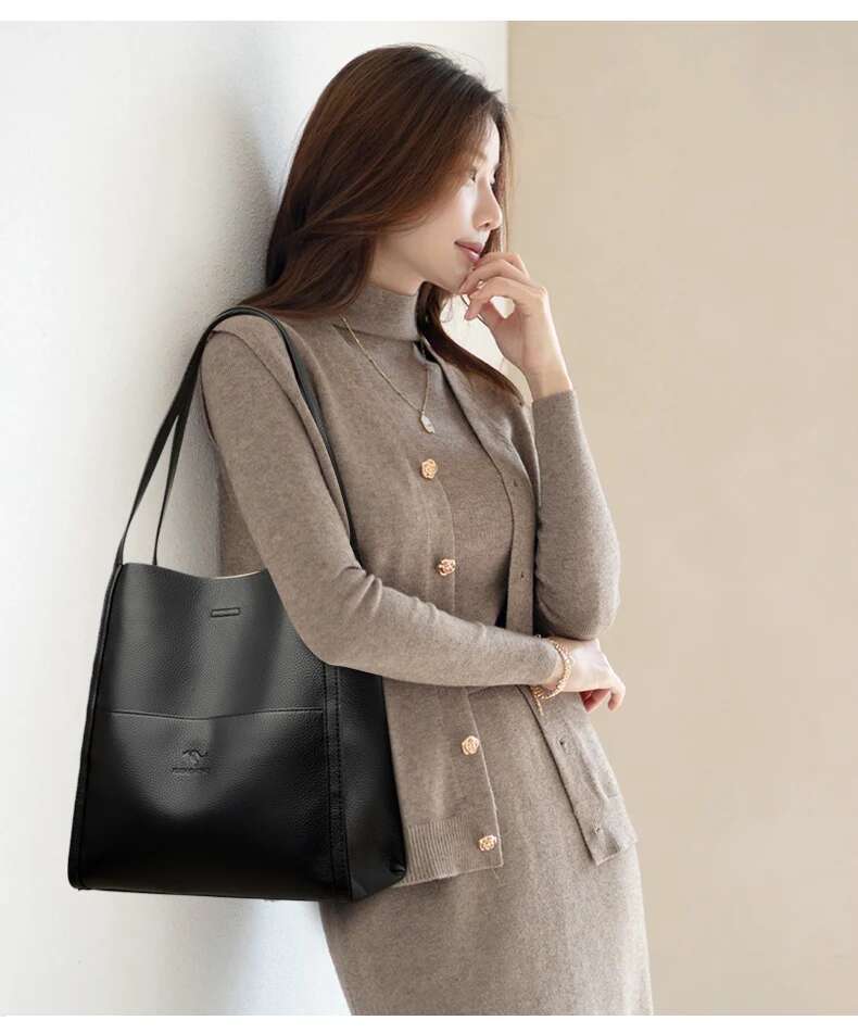 High Quality Soft Leather Women's Designer Solid Color Women Shoulder Bag Large Capacity Shopping Handbag Wallet