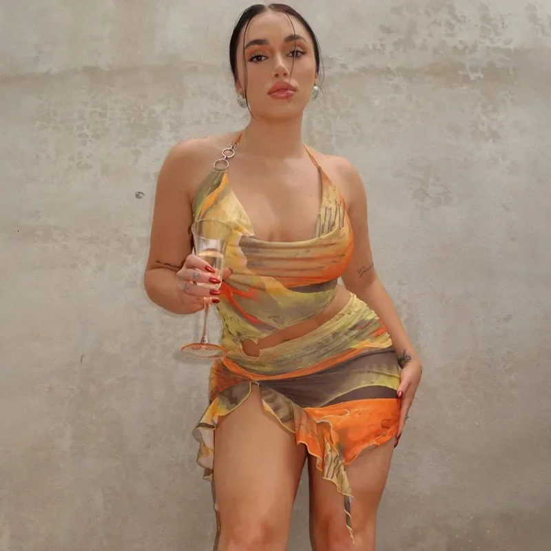 Bandage Halter Sexy Y2K Print Cut Out Party Club Mini Ruffles Dress Women Summer Tie Dye Backless Split Evening Dresses Outfits 250225