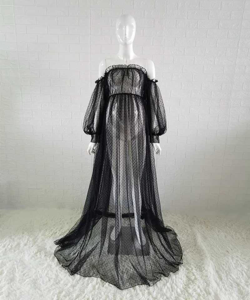 White Dot Tulle Maternity Photography Props Dress See Through Maternity Photo Shoot Tulle In Dress Lantern Sleeve X250224