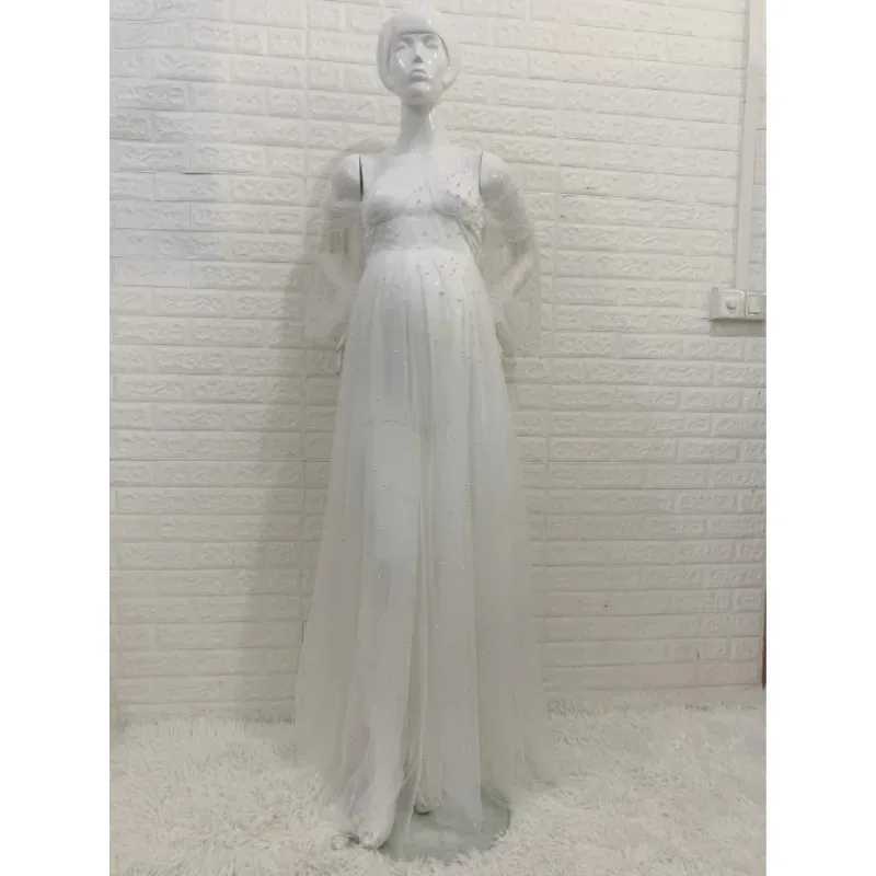 Maternity Photography Props Dress Dense Pearl White Yarn Maternity Photography Clothing Babyshower Gown Photo Shoot Pregnant X250224