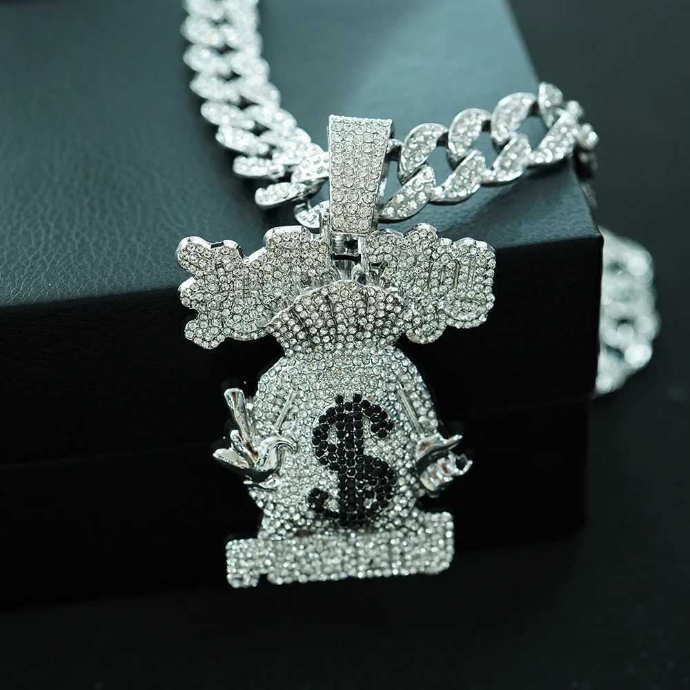 2024 New style d out 15mm big cuban chain punk alloy and fl bling rhinestone cartoon money bag pendant necklace X250224