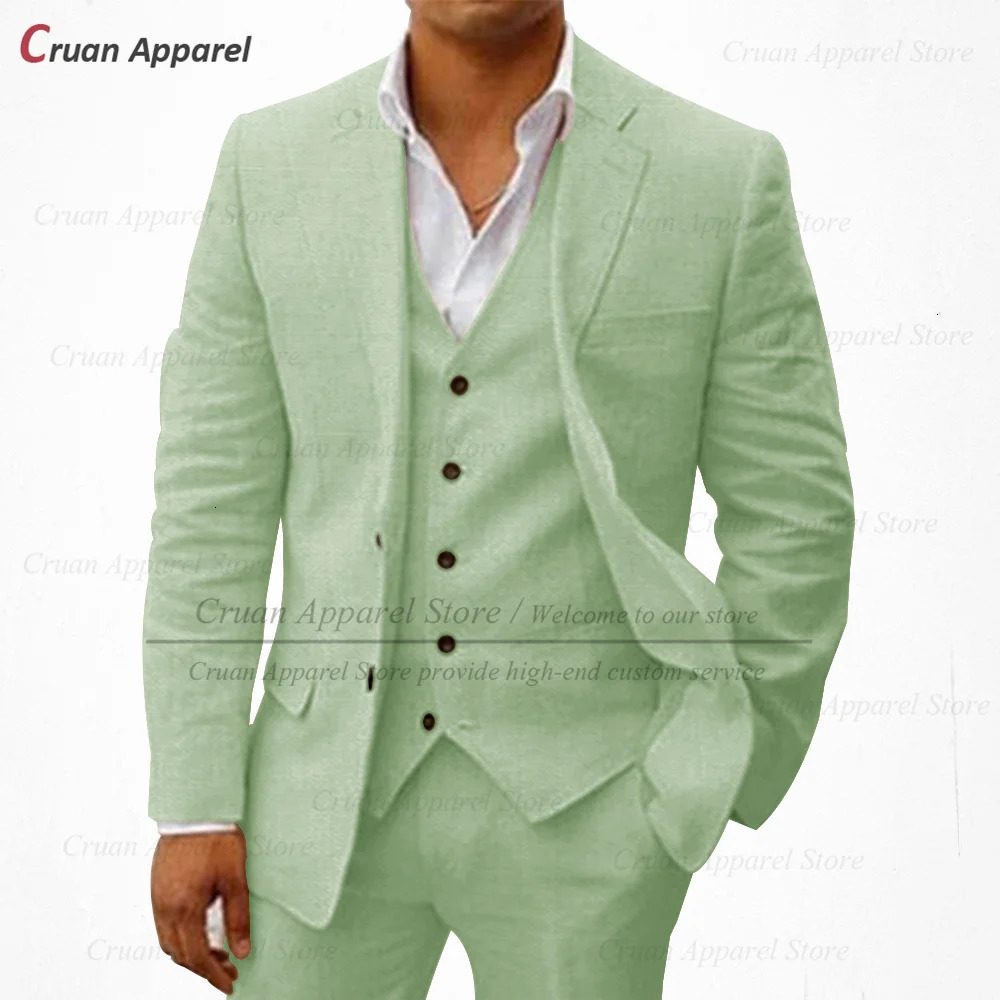 Blue Linen Men Suit Slim Fit Classic Beach Prom Wedding Tuxedos Tailor-made Business Jacket Vest Pants 3 Pieces Casual Set 250222