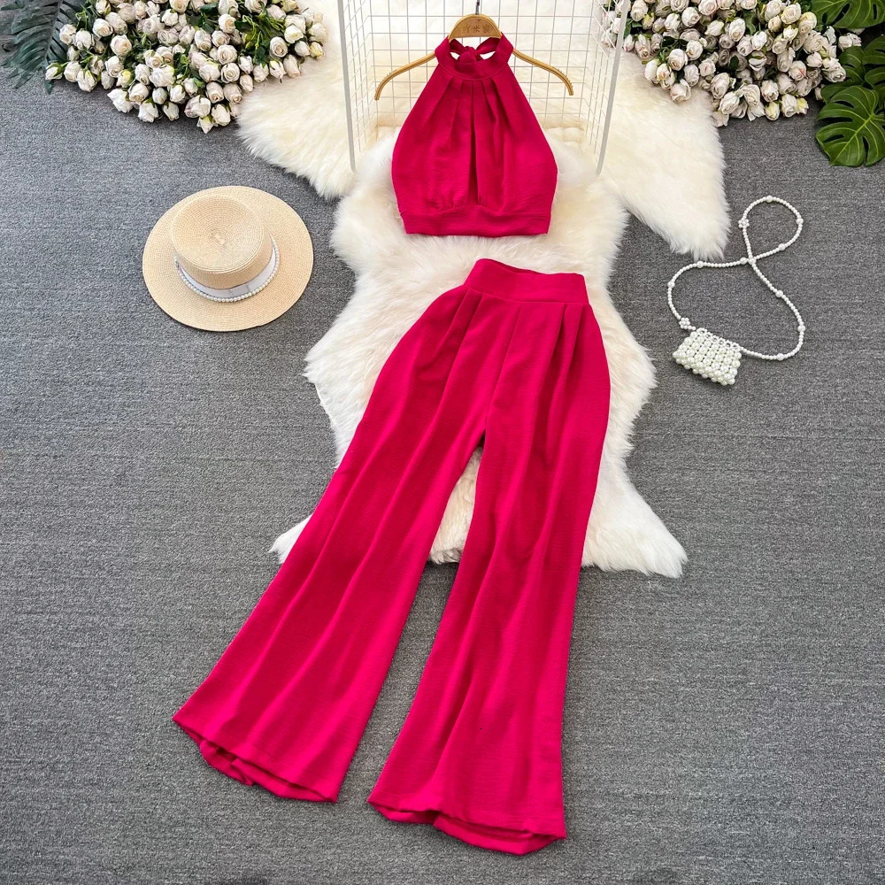 GreenBlackRed 2024 Summer Two Piece Set Women Sexy Strap Short Tops High Waist Wide Leg Pants Female Suit 250224