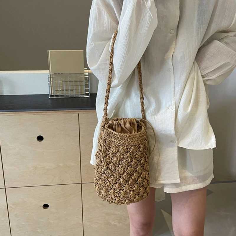 Handmade Woven Bucket Bag for Women Bohemian Shoulder Bags Knitted Summer Straw Beach Bag Female Round Cut Out Handbags