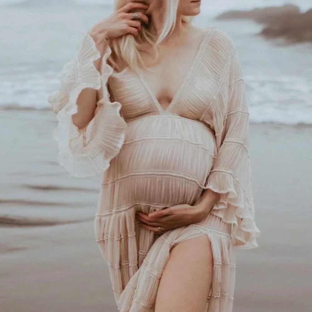 Pleated chiffon bohemian style maternity photography dress baby shower Maxi dress maternity photo prop dress X250224