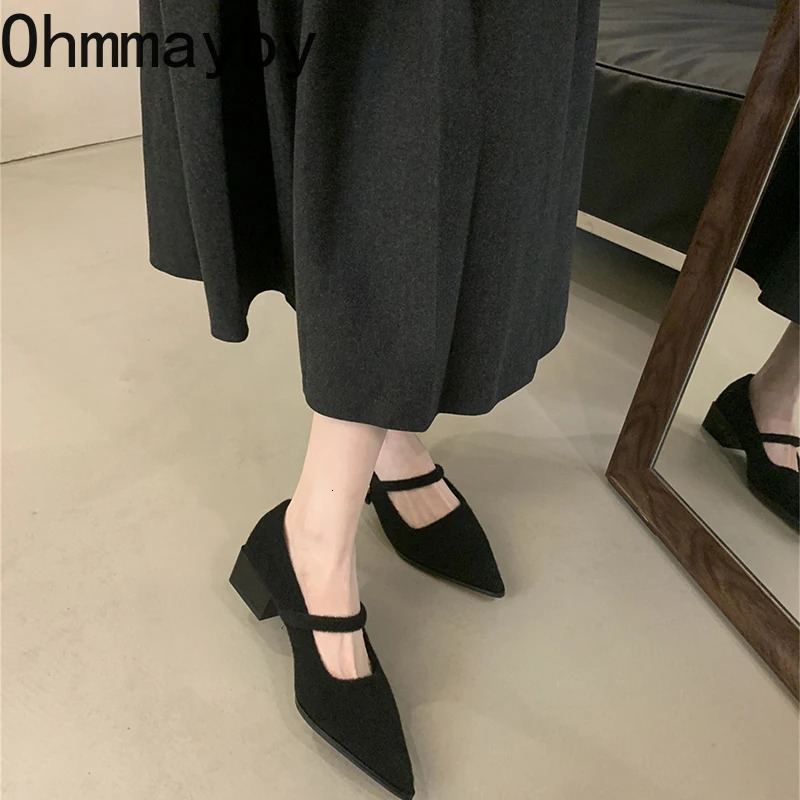 Winter Cotton Women Mary Jane Shoes Fashion Shallow Pointed Toe Shoes Concise Square Heels Shoes 250224