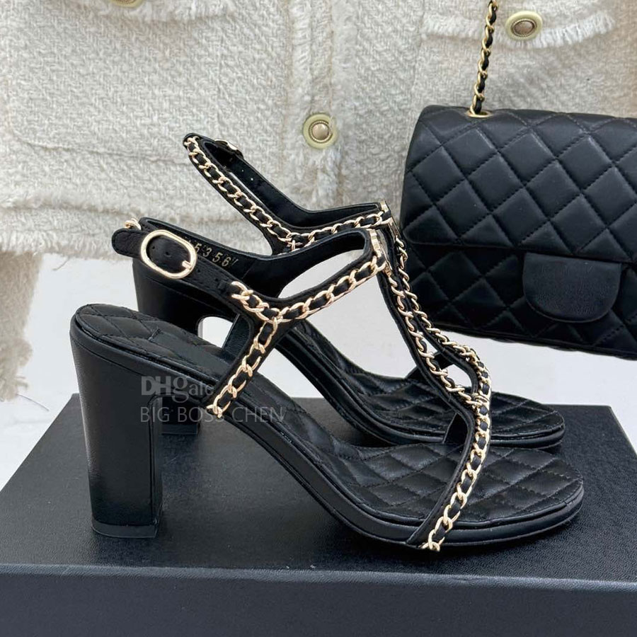 Top quality Chain Chunky Block heel sandals High-heels Dress shoes ankles strap Real leather kitten heels Luxury designer heels Office party shoes Factory footwear