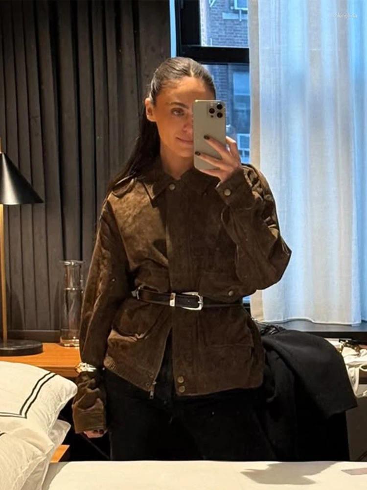 Women's Jackets Vintage Suede Zipper Jacket Women Casual Loose Turn-down Collar Button Brown Long Sleeve Coat Spring Street Chic Outerwear