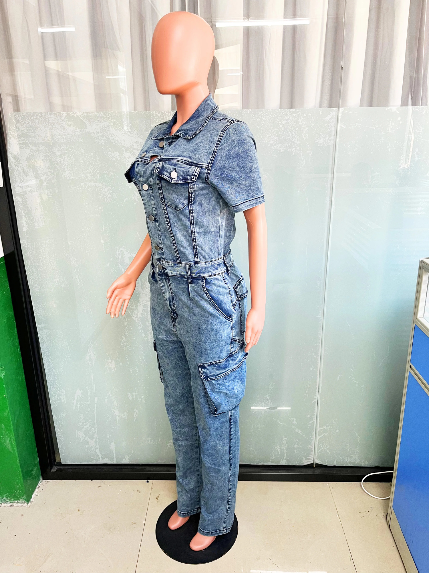 Multi Pockets Jeans Cargo Jumpsuit Sexy Women Turn Down Collar Elegant Denim Casual Overalls Romper 250122