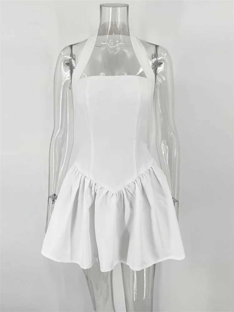 White Summer Ruffled Mini Dress Fe Halter Backless Fashion Patchwork Square Collar Slim Dress Womens Solid Mini DressXJ250224