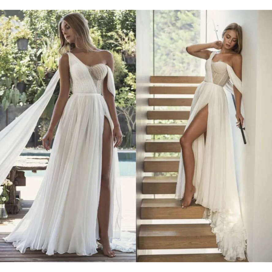 Chiffon Beach Wedding Dress One Shoulder Beading Boho Bride Sexy High Side Slit Bridal Gowns Custom Made Vestido De Noiva Mariage