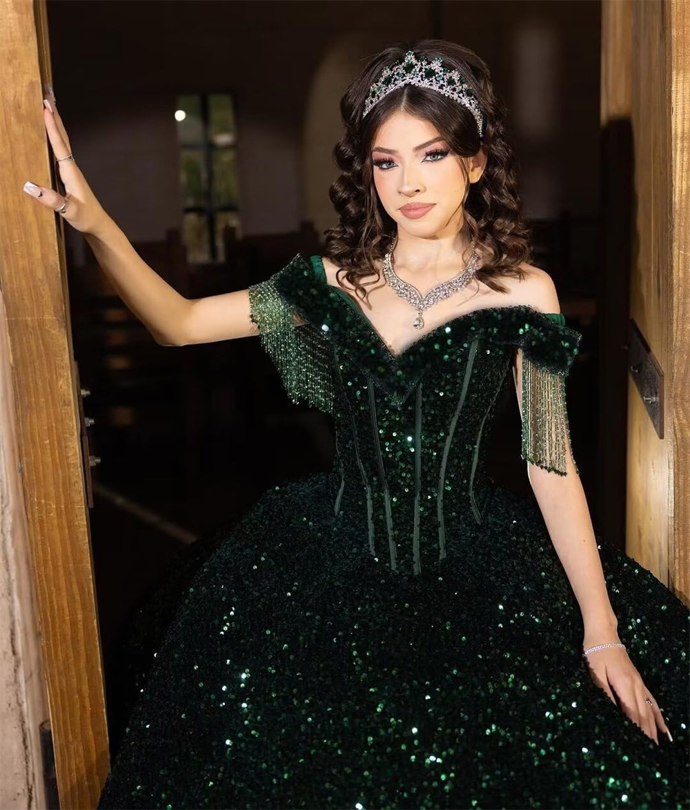 Ball Gown Quinceanera Dresses Elegant Sequins Off the Shoulder Beading V-Neck Lace-up Plus Size Sweet 15 16 Princess Birthday Party Gowns Vestidos De 