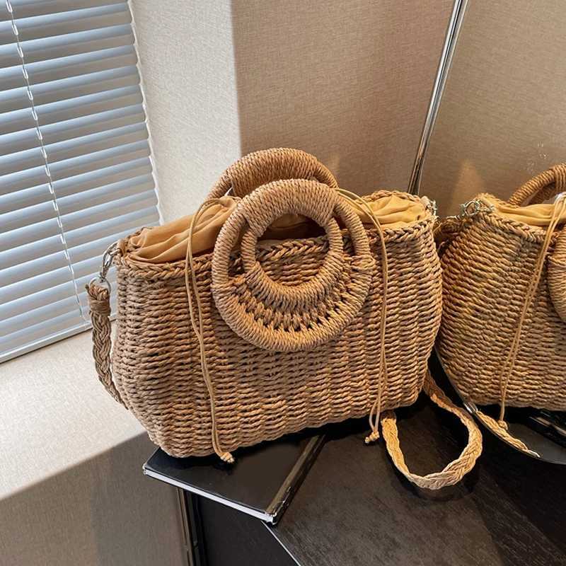 Ladies Round Handle Straw Tote Bags for Women 2024 Summer Hit Trendy Fashion Shoulder Side Bag Lady Beach Handbags
