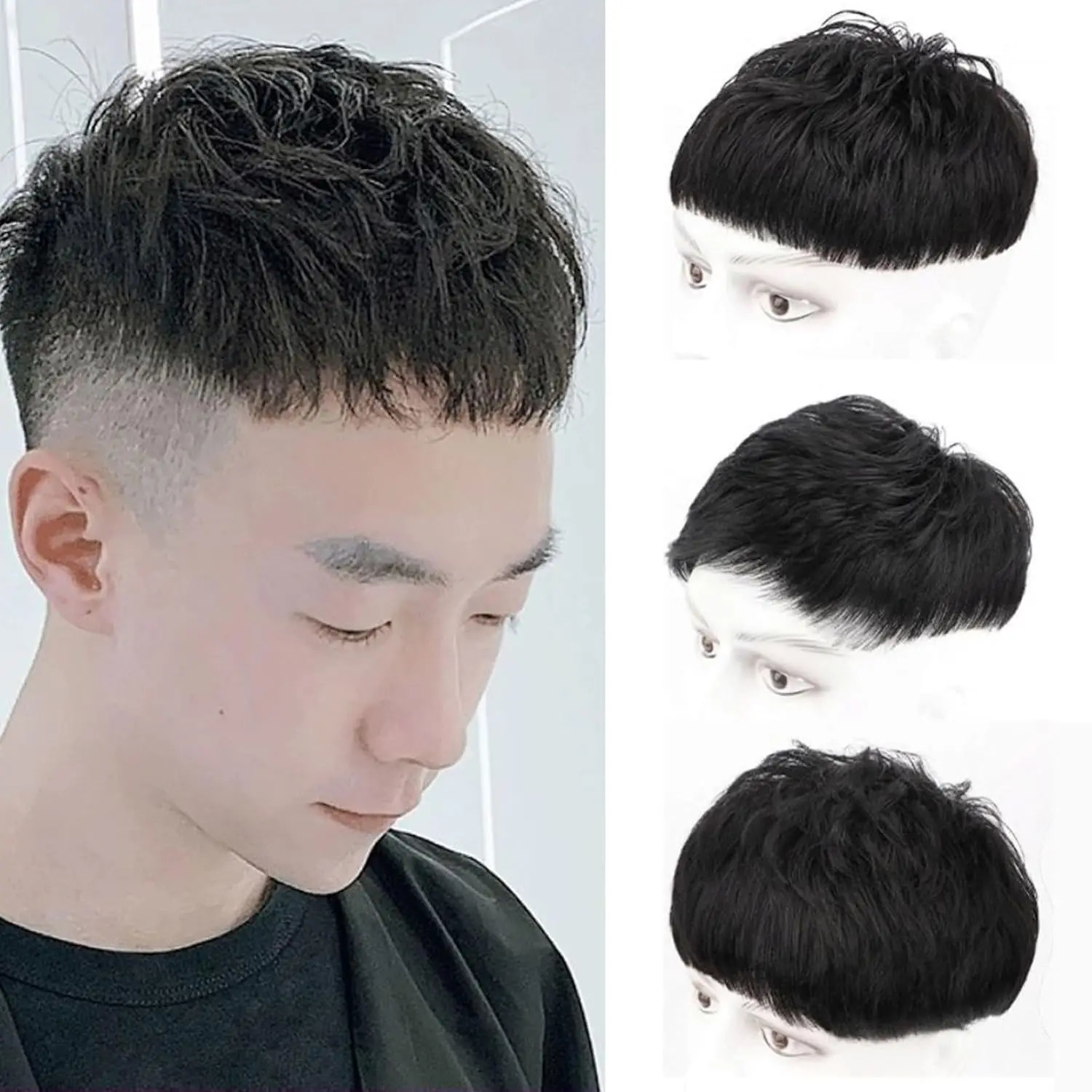 Alimice Men Hair Tropper Hair Pieces Short Wig Black Short Wig Breathable Invisible Daily Straight Bangs Clip On Hair 250224