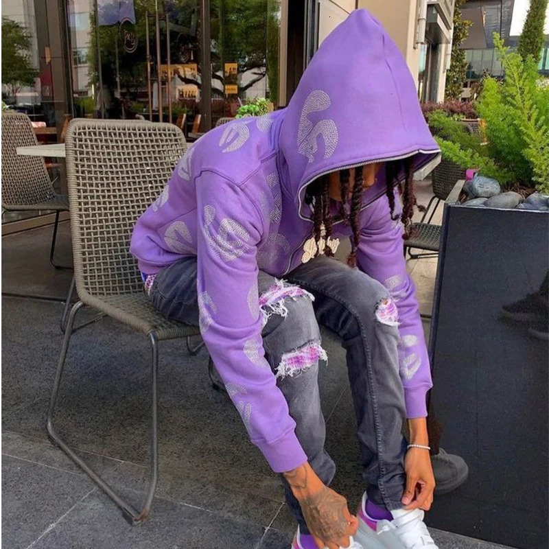 Rhinestone Zip Hoodie goth Sweatshirt Sport Coat Pullover Gothic Y2k Long Sleeve Oversized hoodie jacket Mens Women hoodies emo 250224