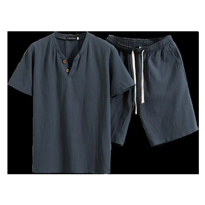 1 Set Mens Short Sleeve Shorts Set Summer Cotton and Linen Two Button Large Size Solid Color Mens T-shirt Two-piece Set 250222