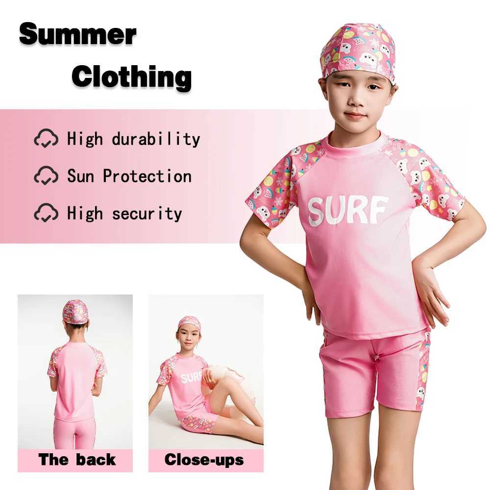 1pc Childrens Swimsuit Girls Split Short Sleeve Medium Children Cartoon Cute Quick Drying Swimsuit Set Child Two-Piece Suits X250224