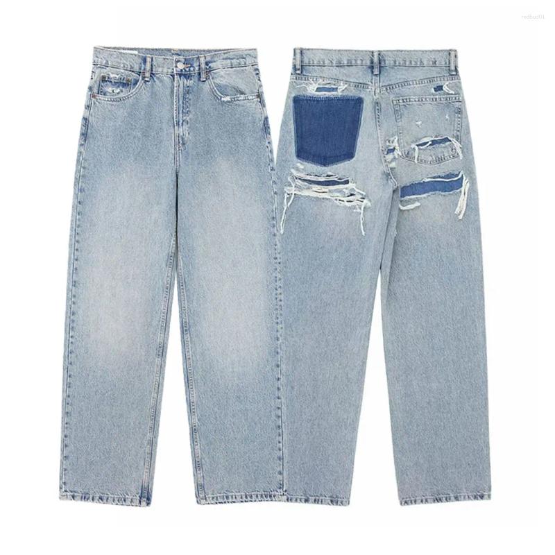 Women's Jeans TRAFZA 2025 Vintage Denim For Women 2 Colors High Waist Zipper Ripped Distressed Patchwork Causal Straight Tr