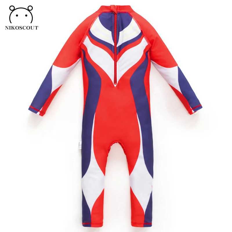 Childrens swimsuit for boys elementary school boys teenagers long sleeved sunscreen one-piece cartoon style new swimsuit for older children X250224
