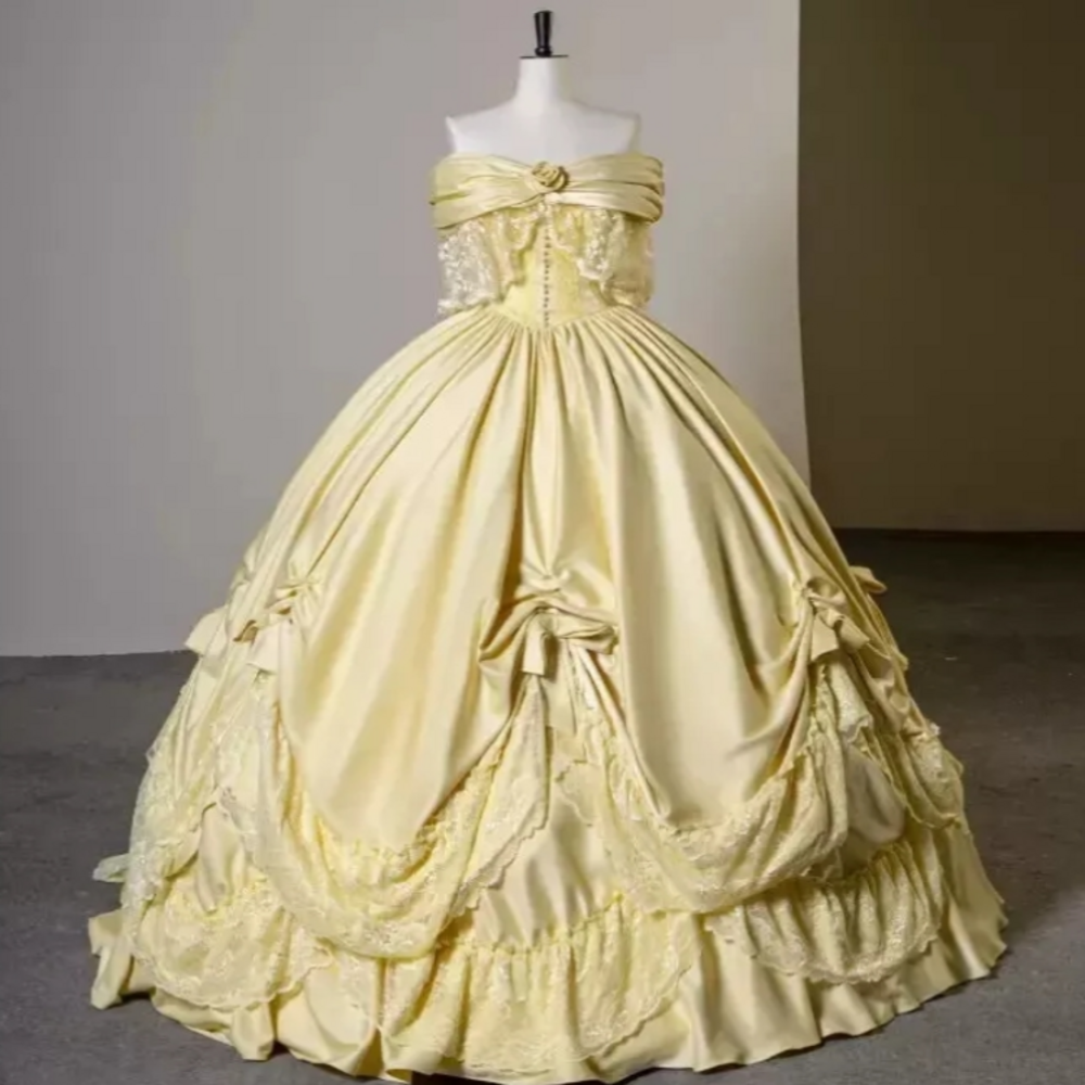 Fantasy Light Yellow Victorian Evening Dress Off Shoulders Halloween Mystical Prom Dress Civil War Costume Masquerade Formal Occasion Party Dress 2025