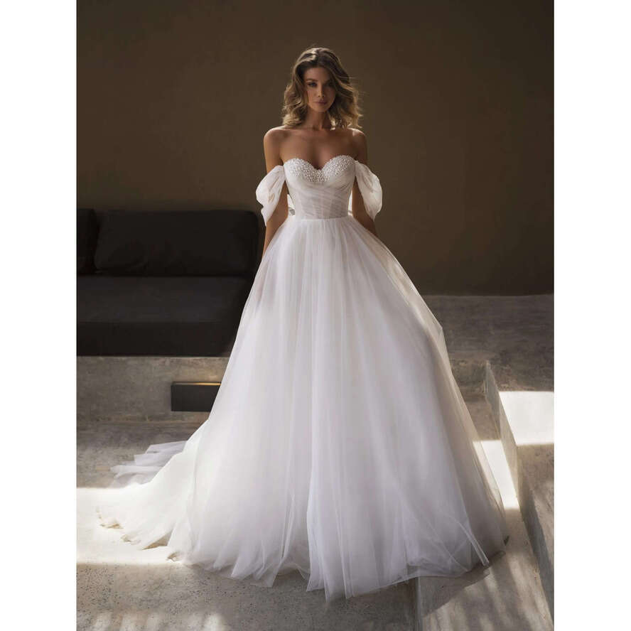 Off-Shoulder Boho Wedding Dress With Tulle And Pearls | 2024 Bridal Gown