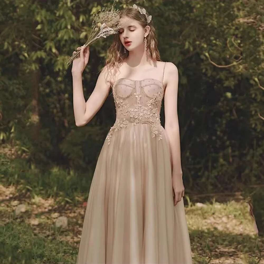 Stylish Champagne Spaghetti Appliques Night Back Lace Up Ankle And Fashion Princess Dress Ball Party prom Dresses