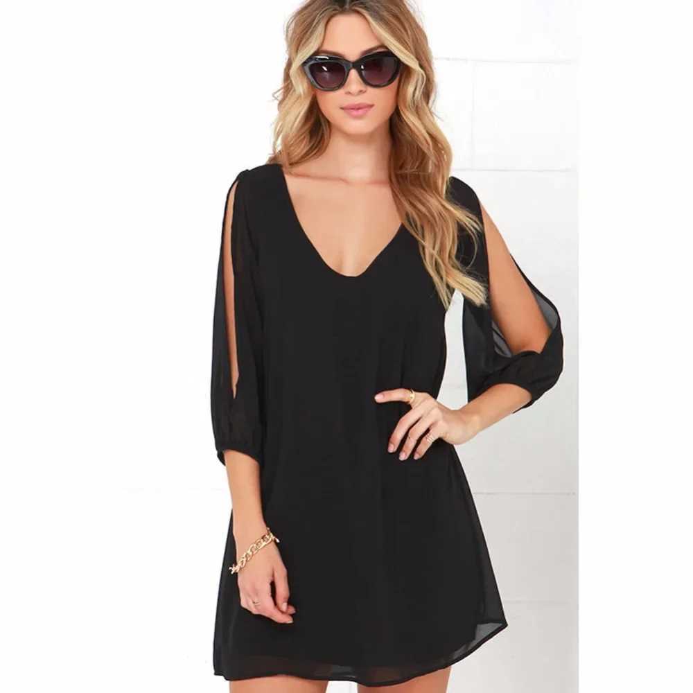 Summer Dress 2024 New Short-Sve Casual Mini T Shirt Beach Dress Solid V-neck He Casual Dress For Summer Womens ClothingXJ250224