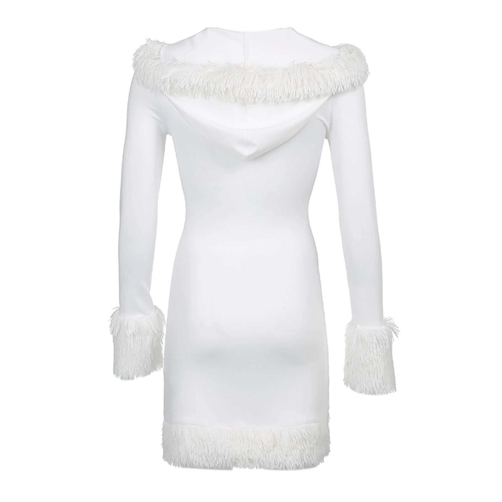 Fur Trim Hooded White Dresses Women Long Sleeves Mini Bodycon Dress Sexy Autumn Chritsmas Party Sheath DressXJ250224