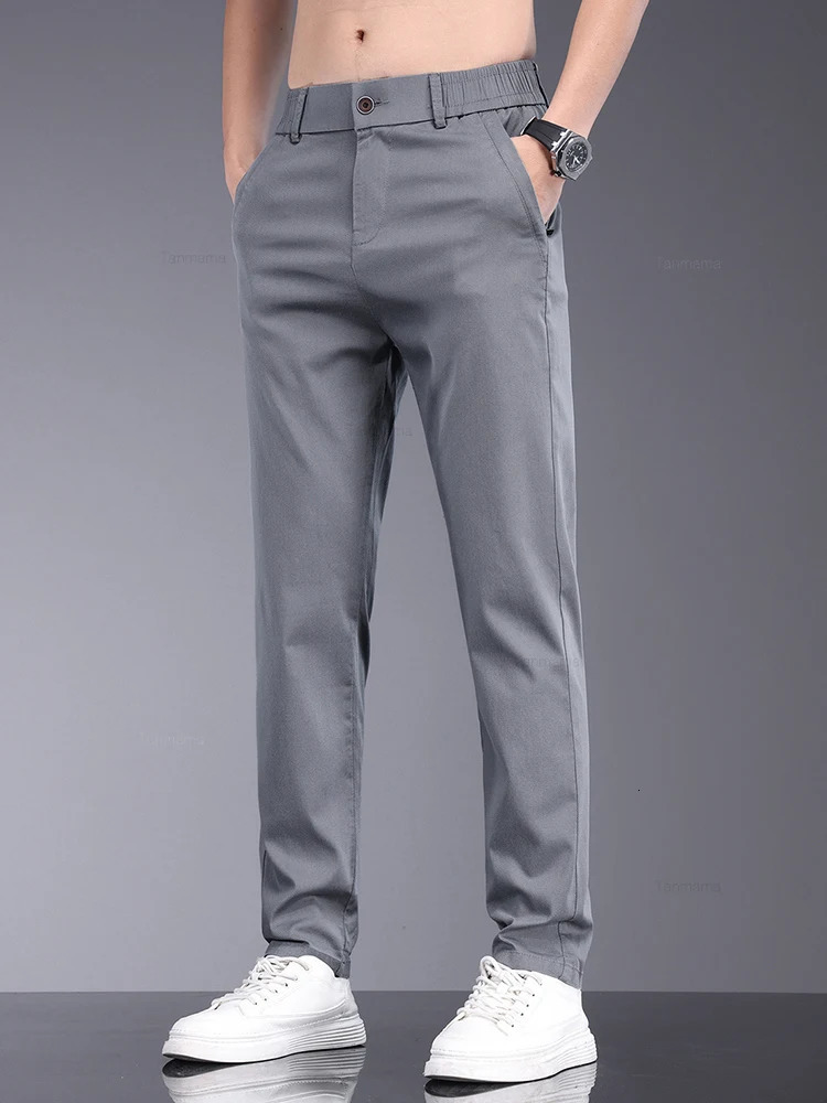 Bamboo fiber fabric summer mens casual pants fashionable thin soft breathable elastic business ultrathin straight pants black gray 250214