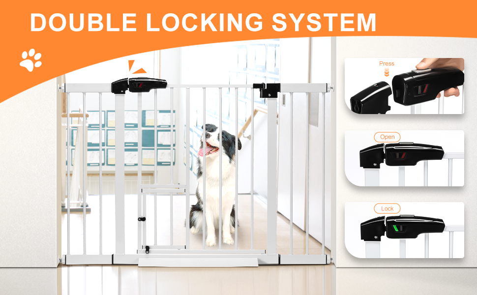 Pet Gate Dogs, Dog Gate Indoor with Cat Door Walk Through Auto Close Pet Gate for Stairs Safety Gate Doggy Gate Pressure Mounted Kit Included
