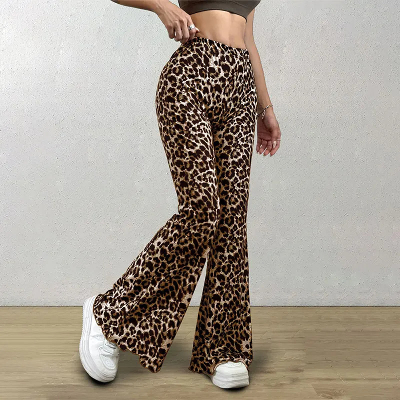 High Waist Leopard Print Flare Leggings Pants Korea Style Summer Autumn Women Fashion Sexy Bodycon Trousers Club Pants Slim 250225