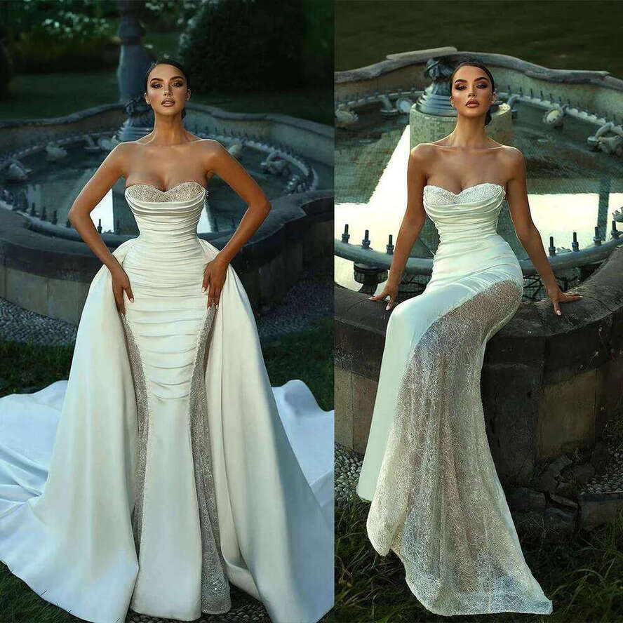 Gorgeous Wedding Dresses Mermaid Strapless Sequins Lace Pleat Detachable Train Princess Bride Dress Vestido De Novia Custom Made