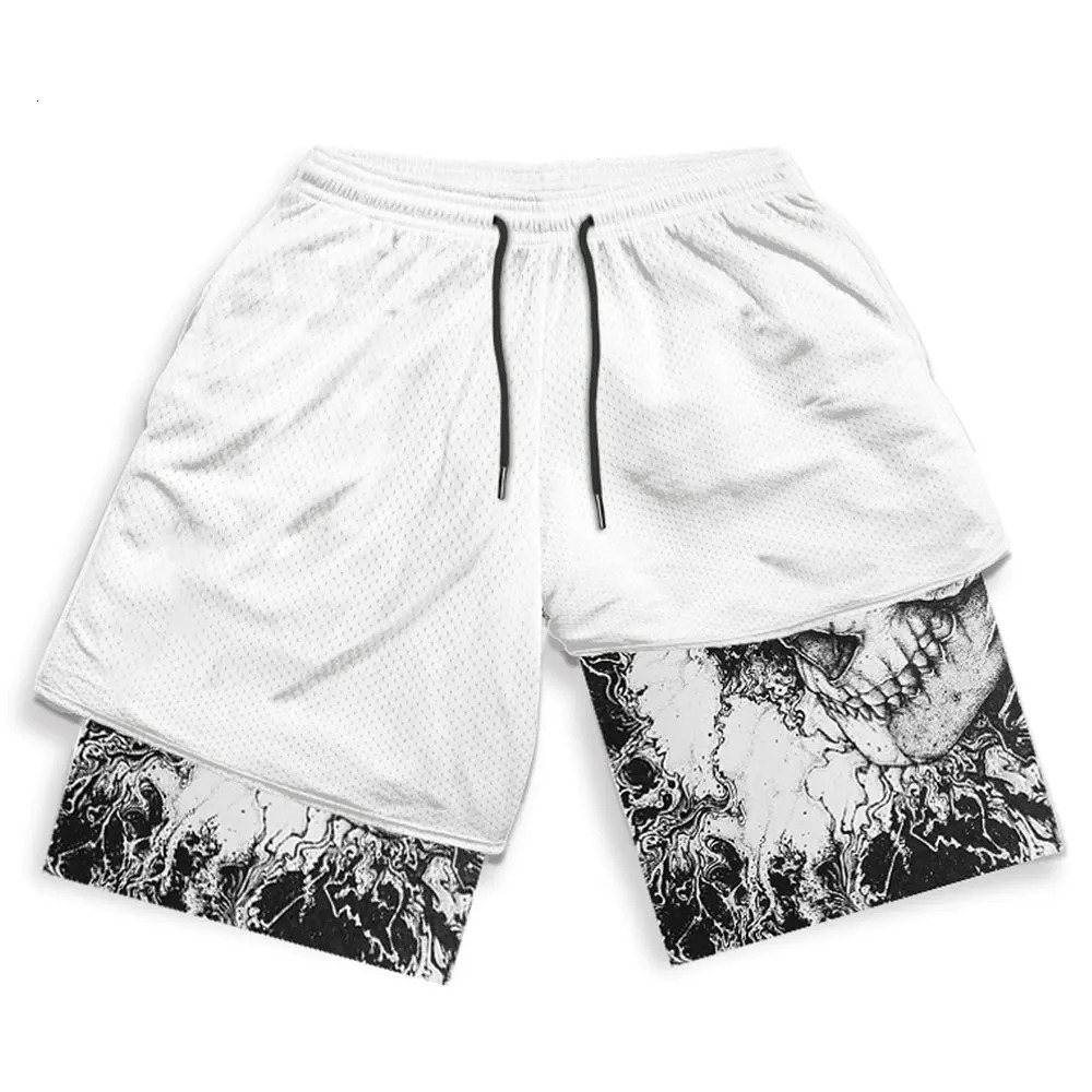 Y2K Compression Shorts Skull Print 2 in 1 Gym Shorts for Men Active Athletic 5 Inch Quick Dry Stretchy Training Fitness Workout 250225
