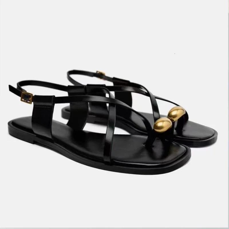 2025 Summer Flat Sandals for Woman Fashion Metal Decoration Ladies Footwear Breathable Cross Strap Casual Clip Toe Beach Shoes 250224