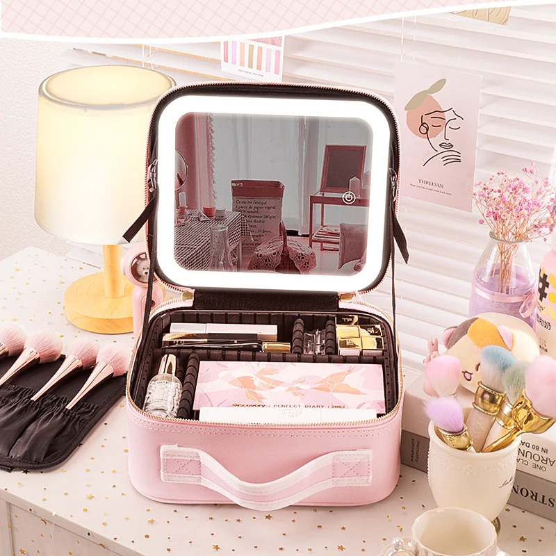 Travel Makeup bag with Large Lighted Mirror Partitionable Cosmetic Bag Professional Cosmetic Artist Organizer Waterproof Porta 250224